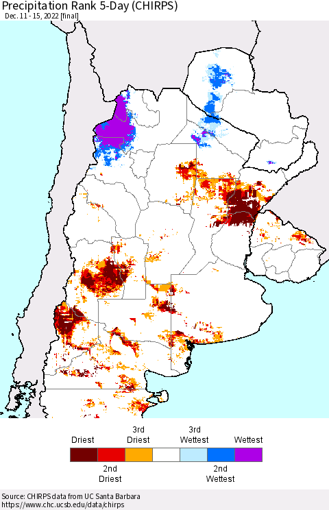 Southern South America Precipitation Rank 5-Day (CHIRPS) Thematic Map For 12/11/2022 - 12/15/2022