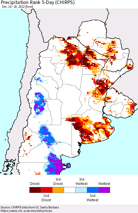 Southern South America Precipitation Rank 5-Day (CHIRPS) Thematic Map For 12/16/2022 - 12/20/2022