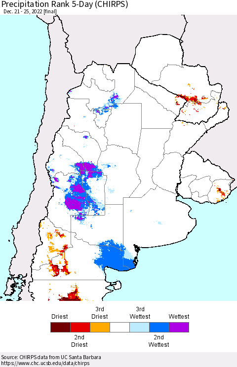 Southern South America Precipitation Rank 5-Day (CHIRPS) Thematic Map For 12/21/2022 - 12/25/2022