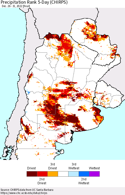 Southern South America Precipitation Rank 5-Day (CHIRPS) Thematic Map For 12/26/2022 - 12/31/2022
