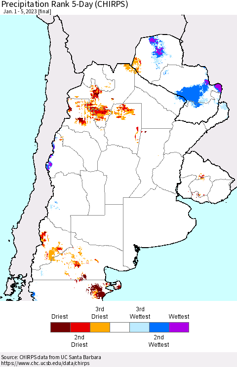 Southern South America Precipitation Rank 5-Day (CHIRPS) Thematic Map For 1/1/2023 - 1/5/2023