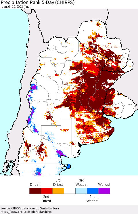 Southern South America Precipitation Rank 5-Day (CHIRPS) Thematic Map For 1/6/2023 - 1/10/2023