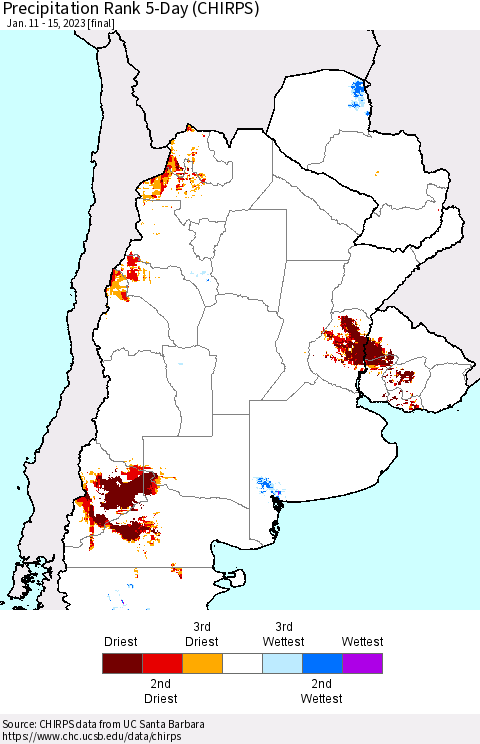 Southern South America Precipitation Rank 5-Day (CHIRPS) Thematic Map For 1/11/2023 - 1/15/2023