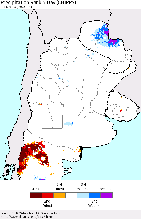 Southern South America Precipitation Rank 5-Day (CHIRPS) Thematic Map For 1/26/2023 - 1/31/2023