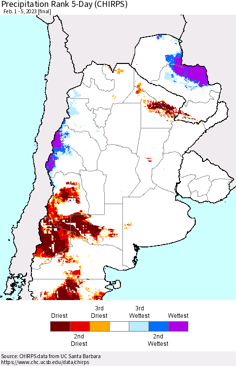 Southern South America Precipitation Rank 5-Day (CHIRPS) Thematic Map For 2/1/2023 - 2/5/2023