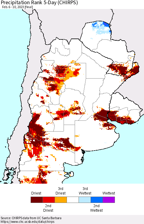 Southern South America Precipitation Rank 5-Day (CHIRPS) Thematic Map For 2/6/2023 - 2/10/2023
