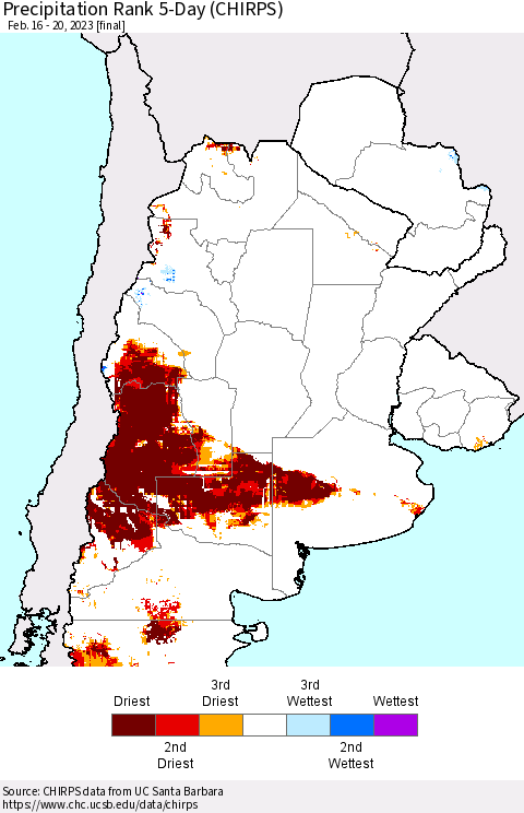 Southern South America Precipitation Rank 5-Day (CHIRPS) Thematic Map For 2/16/2023 - 2/20/2023
