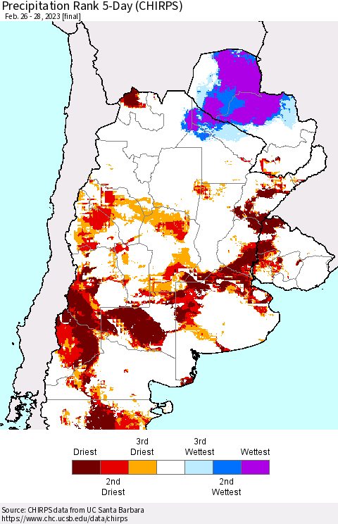 Southern South America Precipitation Rank since 1981, 5-Day (CHIRPS) Thematic Map For 2/26/2023 - 2/28/2023