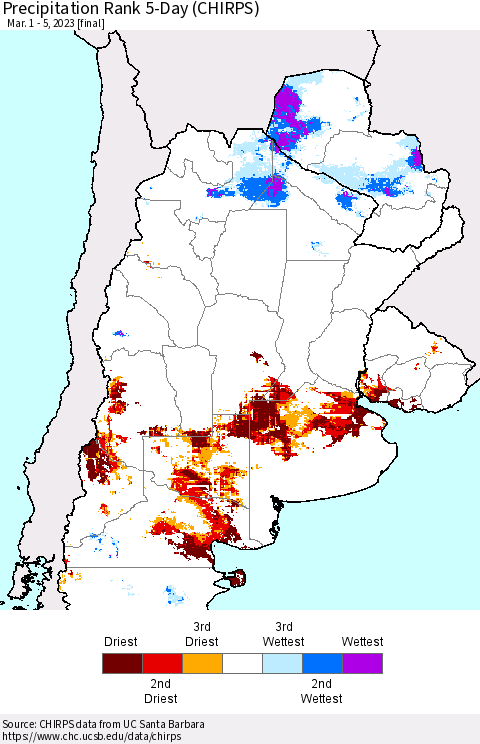 Southern South America Precipitation Rank since 1981, 5-Day (CHIRPS) Thematic Map For 3/1/2023 - 3/5/2023
