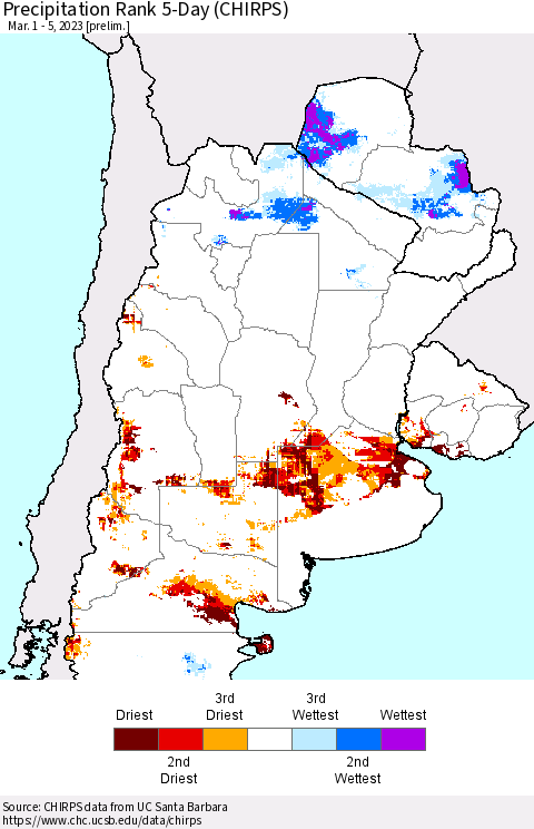 Southern South America Precipitation Rank 5-Day (CHIRPS) Thematic Map For 3/1/2023 - 3/5/2023