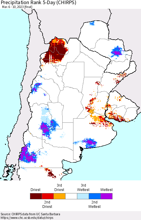 Southern South America Precipitation Rank since 1981, 5-Day (CHIRPS) Thematic Map For 3/6/2023 - 3/10/2023