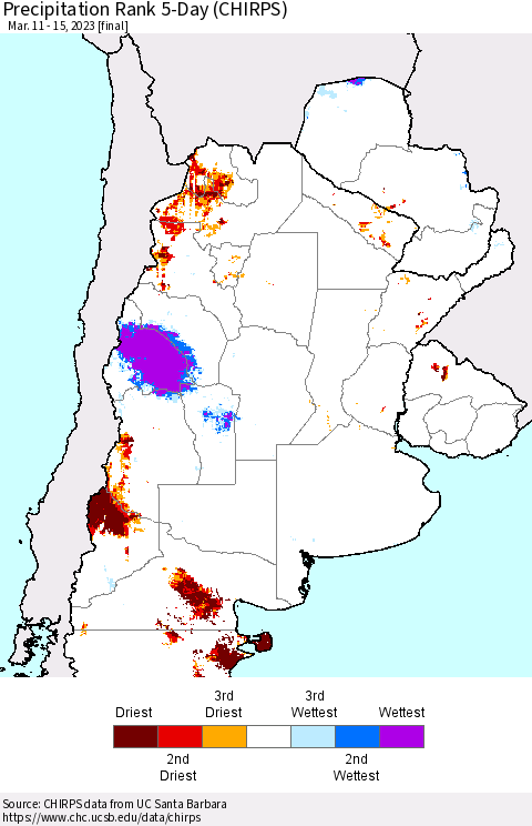 Southern South America Precipitation Rank since 1981, 5-Day (CHIRPS) Thematic Map For 3/11/2023 - 3/15/2023