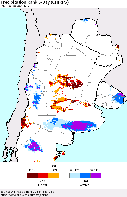 Southern South America Precipitation Rank since 1981, 5-Day (CHIRPS) Thematic Map For 3/16/2023 - 3/20/2023