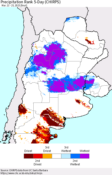 Southern South America Precipitation Rank since 1981, 5-Day (CHIRPS) Thematic Map For 3/21/2023 - 3/25/2023