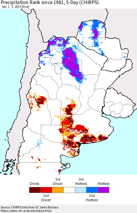 Southern South America Precipitation Rank since 1981, 5-Day (CHIRPS) Thematic Map For 4/1/2023 - 4/5/2023