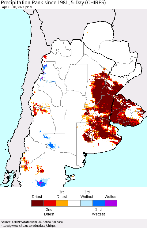 Southern South America Precipitation Rank since 1981, 5-Day (CHIRPS) Thematic Map For 4/6/2023 - 4/10/2023