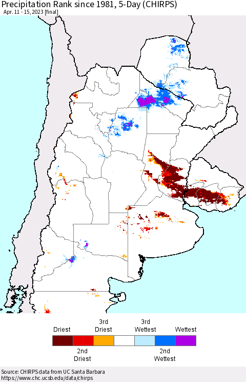Southern South America Precipitation Rank since 1981, 5-Day (CHIRPS) Thematic Map For 4/11/2023 - 4/15/2023