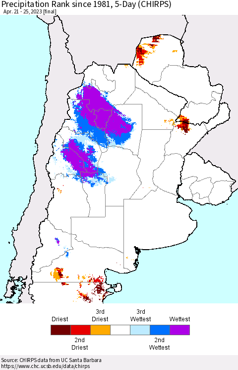 Southern South America Precipitation Rank since 1981, 5-Day (CHIRPS) Thematic Map For 4/21/2023 - 4/25/2023