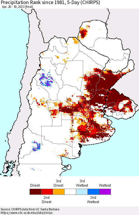 Southern South America Precipitation Rank since 1981, 5-Day (CHIRPS) Thematic Map For 4/26/2023 - 4/30/2023