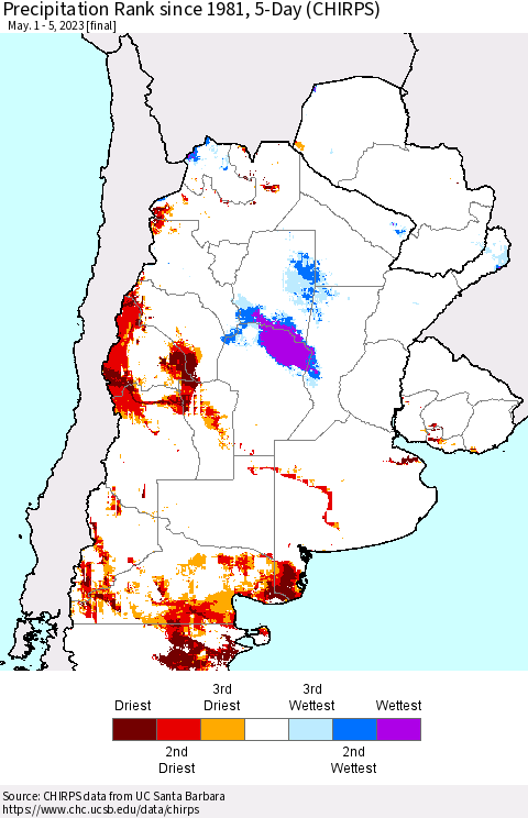 Southern South America Precipitation Rank since 1981, 5-Day (CHIRPS) Thematic Map For 5/1/2023 - 5/5/2023