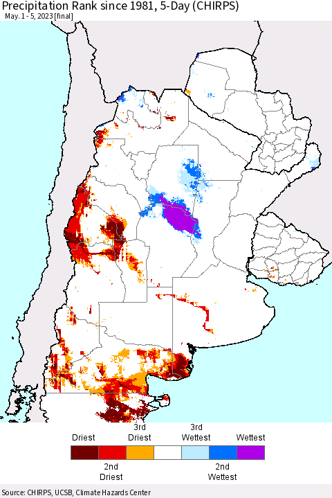 Southern South America Precipitation Rank since 1981, 5-Day (CHIRPS) Thematic Map For 5/1/2023 - 5/5/2023