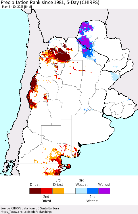 Southern South America Precipitation Rank since 1981, 5-Day (CHIRPS) Thematic Map For 5/6/2023 - 5/10/2023