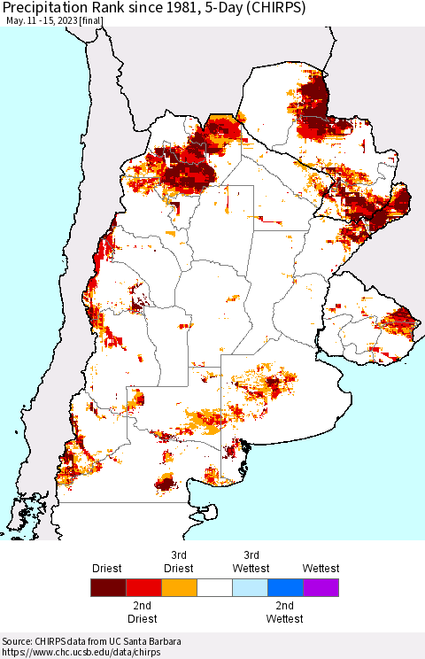 Southern South America Precipitation Rank since 1981, 5-Day (CHIRPS) Thematic Map For 5/11/2023 - 5/15/2023