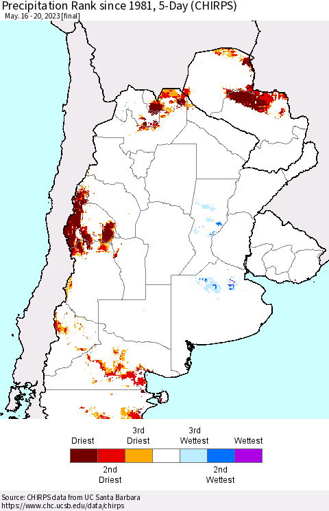 Southern South America Precipitation Rank since 1981, 5-Day (CHIRPS) Thematic Map For 5/16/2023 - 5/20/2023