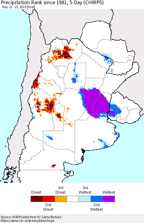 Southern South America Precipitation Rank since 1981, 5-Day (CHIRPS) Thematic Map For 5/21/2023 - 5/25/2023