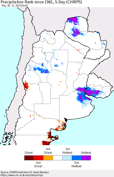 Southern South America Precipitation Rank since 1981, 5-Day (CHIRPS) Thematic Map For 5/26/2023 - 5/31/2023