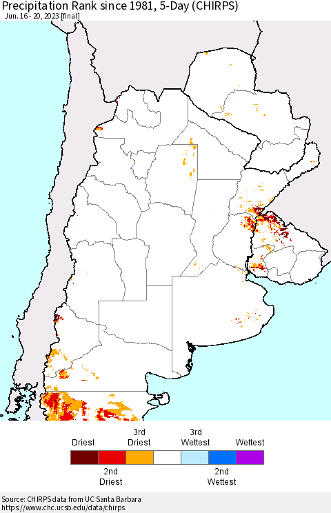 Southern South America Precipitation Rank since 1981, 5-Day (CHIRPS) Thematic Map For 6/16/2023 - 6/20/2023