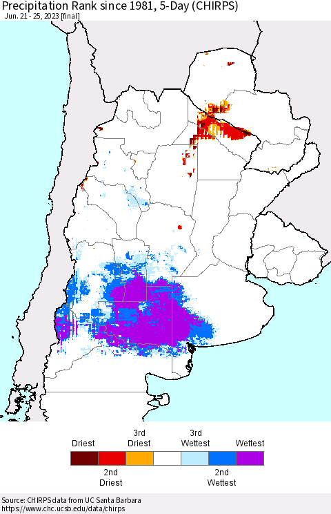 Southern South America Precipitation Rank since 1981, 5-Day (CHIRPS) Thematic Map For 6/21/2023 - 6/25/2023