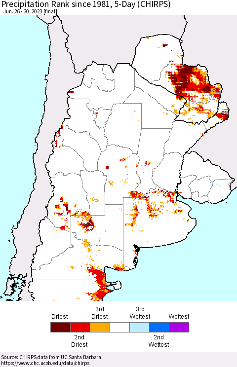 Southern South America Precipitation Rank since 1981, 5-Day (CHIRPS) Thematic Map For 6/26/2023 - 6/30/2023