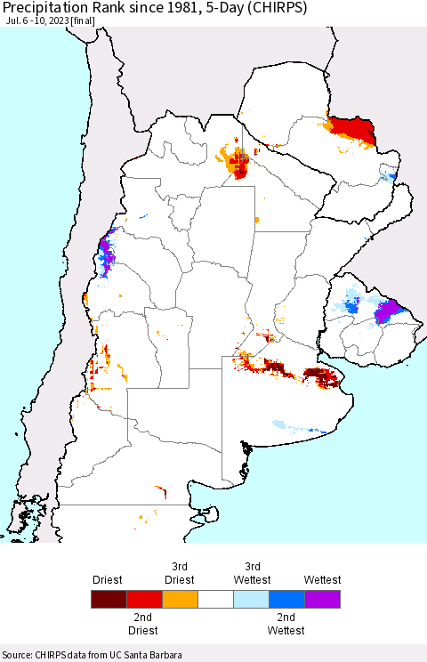 Southern South America Precipitation Rank since 1981, 5-Day (CHIRPS) Thematic Map For 7/6/2023 - 7/10/2023