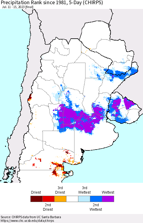 Southern South America Precipitation Rank since 1981, 5-Day (CHIRPS) Thematic Map For 7/11/2023 - 7/15/2023