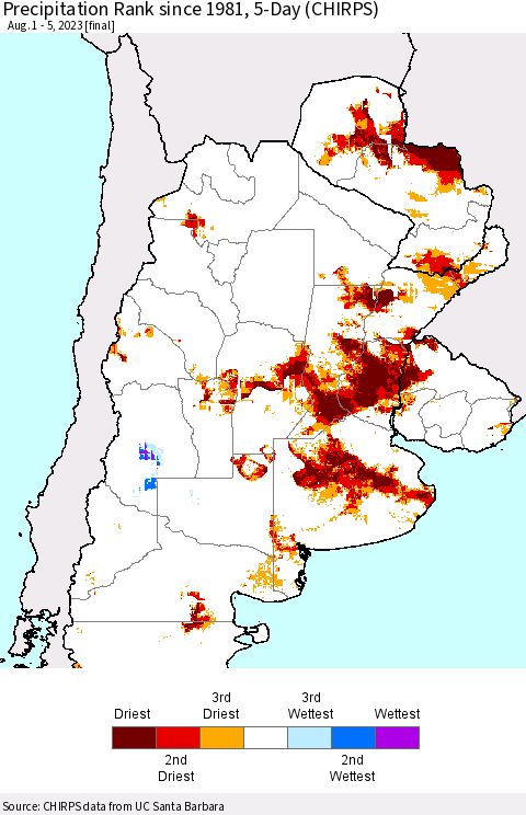 Southern South America Precipitation Rank since 1981, 5-Day (CHIRPS) Thematic Map For 8/1/2023 - 8/5/2023