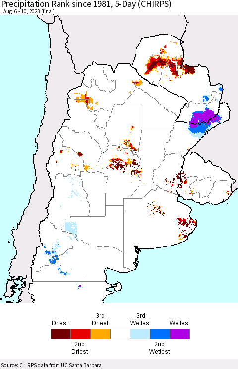 Southern South America Precipitation Rank since 1981, 5-Day (CHIRPS) Thematic Map For 8/6/2023 - 8/10/2023