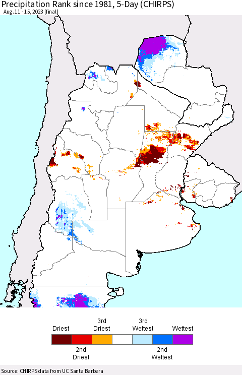 Southern South America Precipitation Rank since 1981, 5-Day (CHIRPS) Thematic Map For 8/11/2023 - 8/15/2023