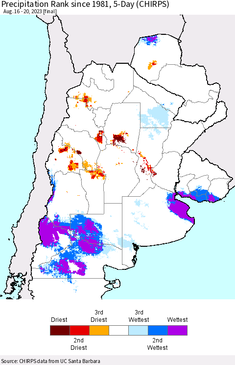 Southern South America Precipitation Rank since 1981, 5-Day (CHIRPS) Thematic Map For 8/16/2023 - 8/20/2023