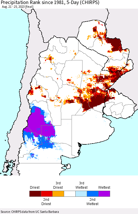 Southern South America Precipitation Rank since 1981, 5-Day (CHIRPS) Thematic Map For 8/21/2023 - 8/25/2023