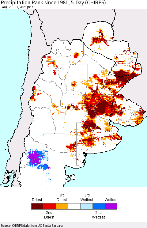 Southern South America Precipitation Rank since 1981, 5-Day (CHIRPS) Thematic Map For 8/26/2023 - 8/31/2023