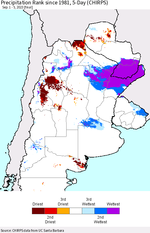 Southern South America Precipitation Rank since 1981, 5-Day (CHIRPS) Thematic Map For 9/1/2023 - 9/5/2023