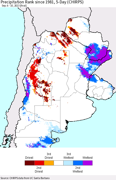 Southern South America Precipitation Rank since 1981, 5-Day (CHIRPS) Thematic Map For 9/6/2023 - 9/10/2023
