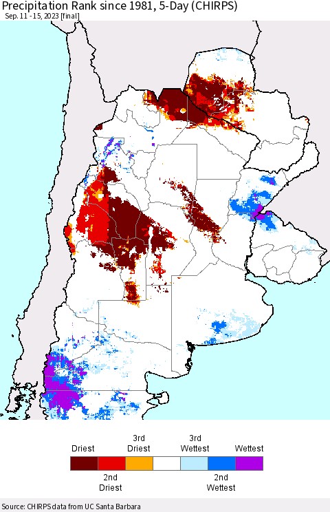 Southern South America Precipitation Rank since 1981, 5-Day (CHIRPS) Thematic Map For 9/11/2023 - 9/15/2023