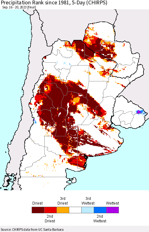 Southern South America Precipitation Rank since 1981, 5-Day (CHIRPS) Thematic Map For 9/16/2023 - 9/20/2023