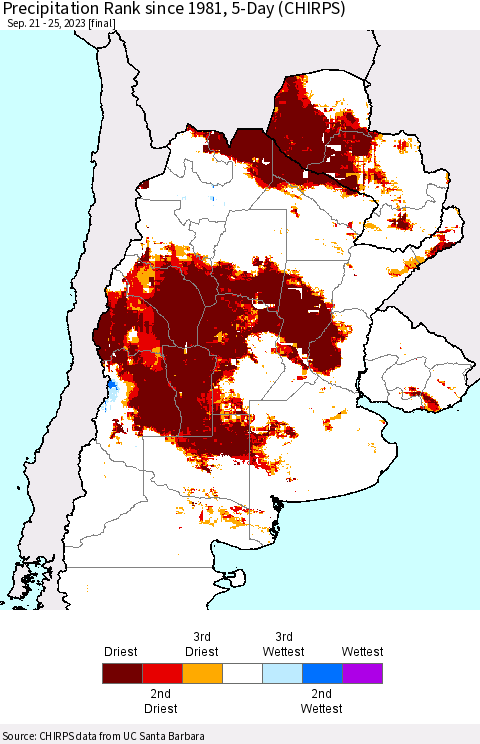 Southern South America Precipitation Rank since 1981, 5-Day (CHIRPS) Thematic Map For 9/21/2023 - 9/25/2023