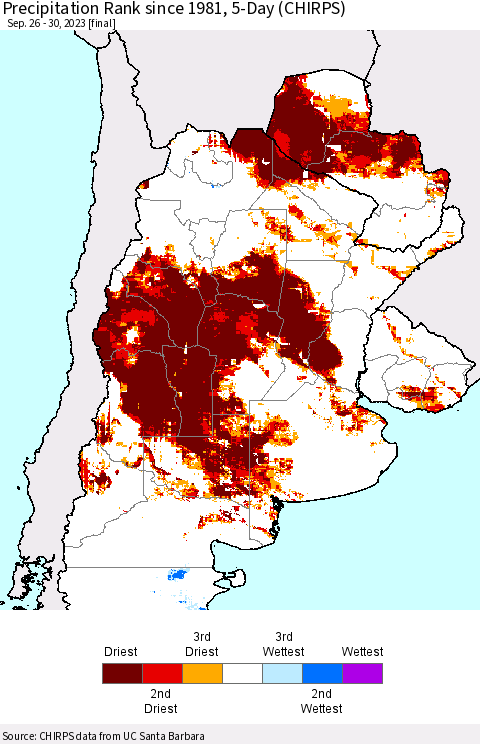 Southern South America Precipitation Rank since 1981, 5-Day (CHIRPS) Thematic Map For 9/26/2023 - 9/30/2023