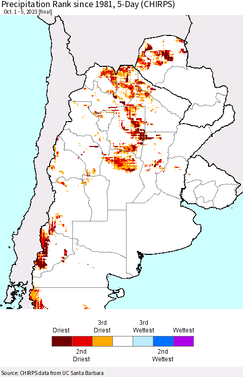 Southern South America Precipitation Rank since 1981, 5-Day (CHIRPS) Thematic Map For 10/1/2023 - 10/5/2023