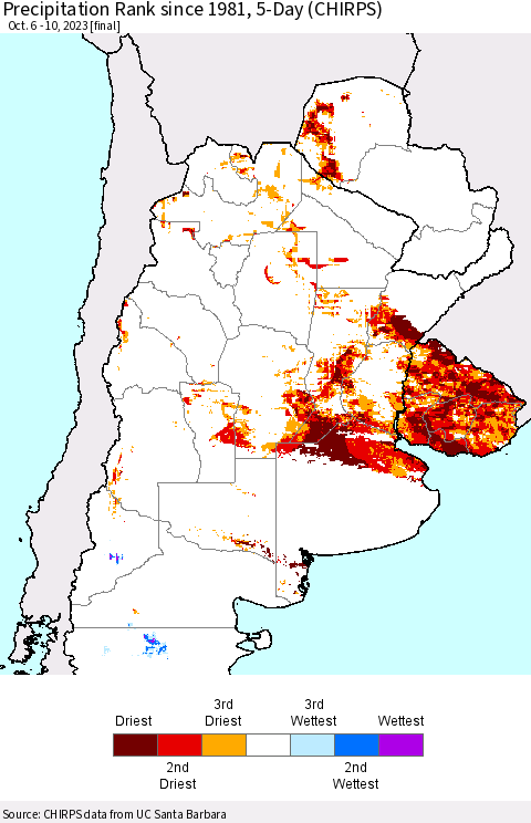 Southern South America Precipitation Rank since 1981, 5-Day (CHIRPS) Thematic Map For 10/6/2023 - 10/10/2023
