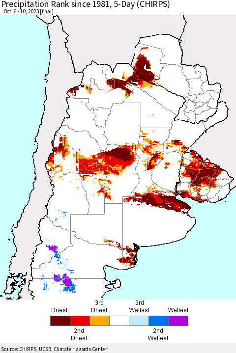 Southern South America Precipitation Rank since 1981, 5-Day (CHIRPS) Thematic Map For 10/6/2023 - 10/10/2023